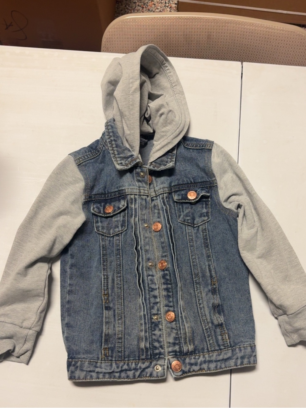 Little Bipsy Blue Denim Jacket with Light Grey Hoodie & Sleeves